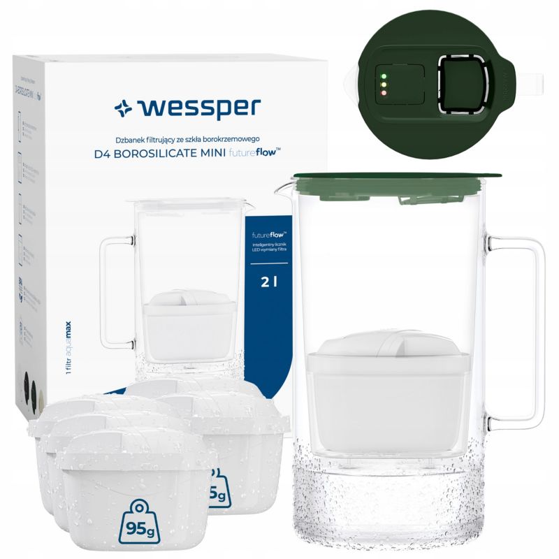 Dzbanek filtrujący wodę, Wessper D4 BOROSILICATE, szklany, licznik LED, 2 l, zestaw z 6 filtrami Aquamax, zielony, 7szt