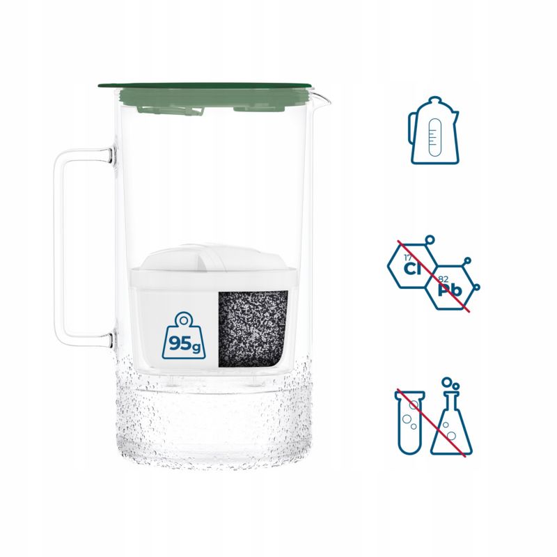 Dzbanek filtrujący wodę, Wessper D4 BOROSILICATE, szklany, licznik LED, 2 l, zestaw z 6 filtrami Aquamax, zielony, 7szt