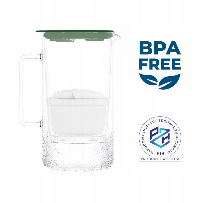 Dzbanek filtrujący wodę, Wessper D4 BOROSILICATE, szklany, licznik LED, 2 l, zestaw z 6 filtrami Aquamax, zielony, 7szt