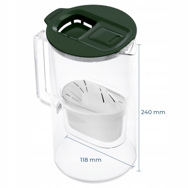 Dzbanek filtrujący wodę, Wessper D4 BOROSILICATE, szklany, licznik LED, 2 l, zestaw z 6 filtrami Aquamax, zielony, 7szt