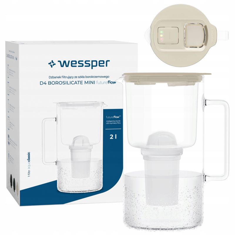 Dzbanek filtrujący wodę, Wessper D4 BOROSILICATE, szklany, z licznikiem LED, 2 l, zestaw z 1 filtrem wody, beżowy, 2szt