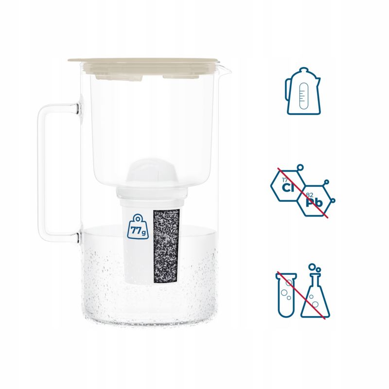 Dzbanek filtrujący wodę, Wessper D4 BOROSILICATE, szklany, z licznikiem LED, 2 l, zestaw z 1 filtrem wody, beżowy, 2szt