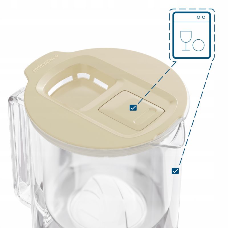 Dzbanek filtrujący wodę, Wessper D4 BOROSILICATE, szklany, z licznikiem LED, 2 l, zestaw z 1 filtrem wody, beżowy, 2szt