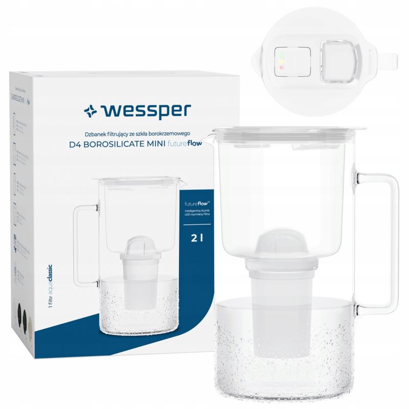 Dzbanek filtrujący wodę, Wessper D4 BOROSILICATE, szklany, z licznikiem LED, 2 l, zestaw z 1 filtrem wody, biały, 2szt