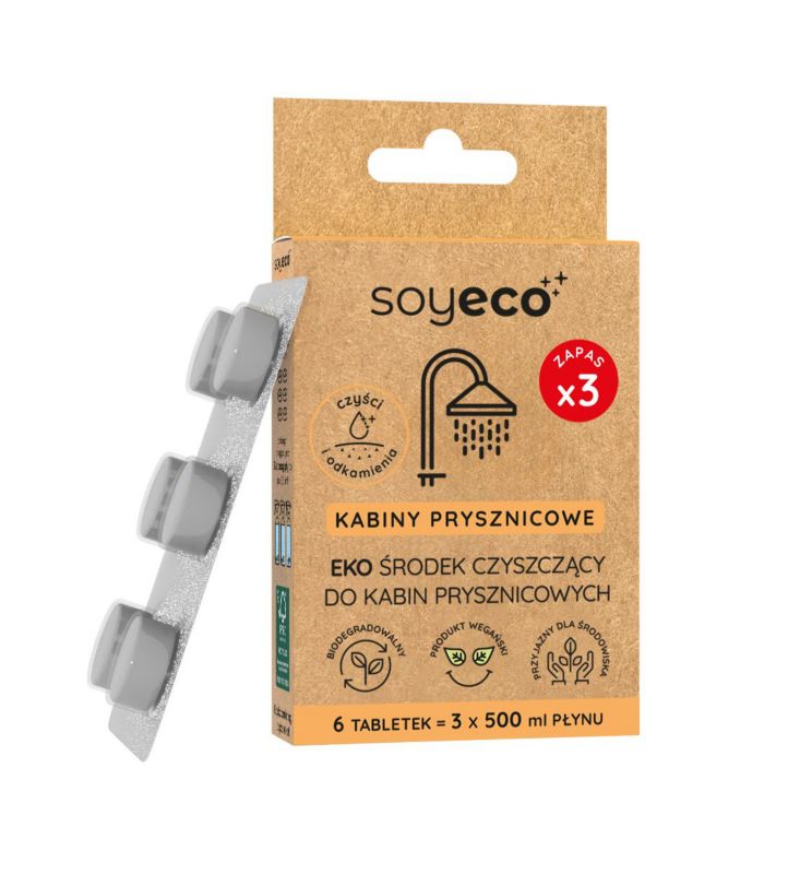 Ekologiczne tabletki Soyeco do czyszczenia kabiny prysznicowej lub kuchni (6 tabletek = 3 x 500 ml płynu)