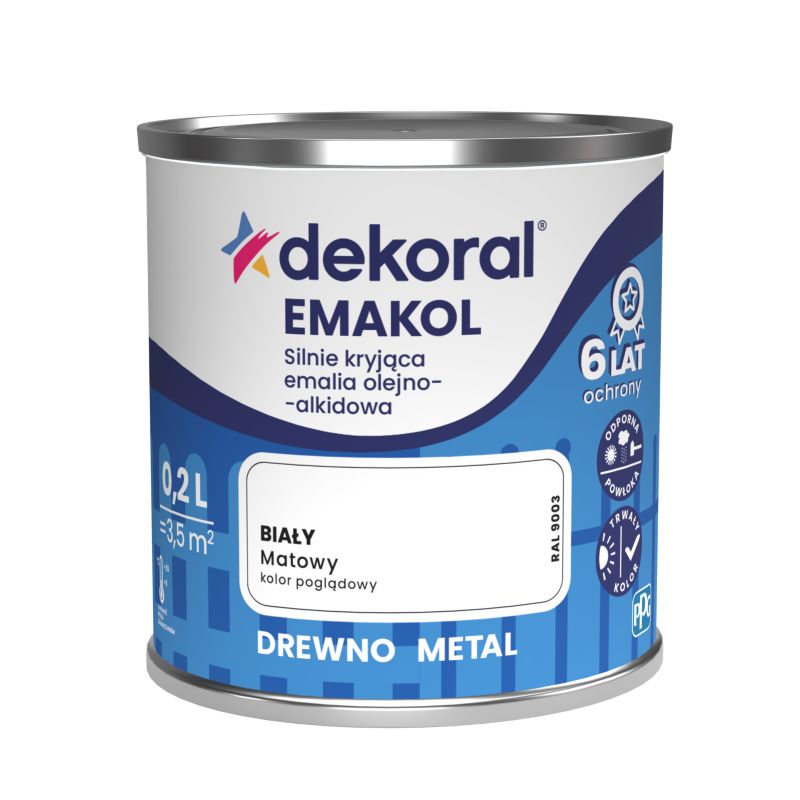 Emalia olejno-alkidowa Dekoral Emakol do drewna i metalu biały mat 0,2 l
