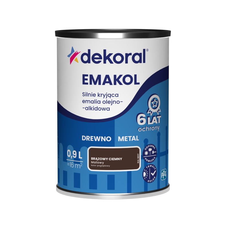 Emalia olejno-alkidowa Dekoral Emakol do drewna i metalu brązowy ciemny mat 0,9 l