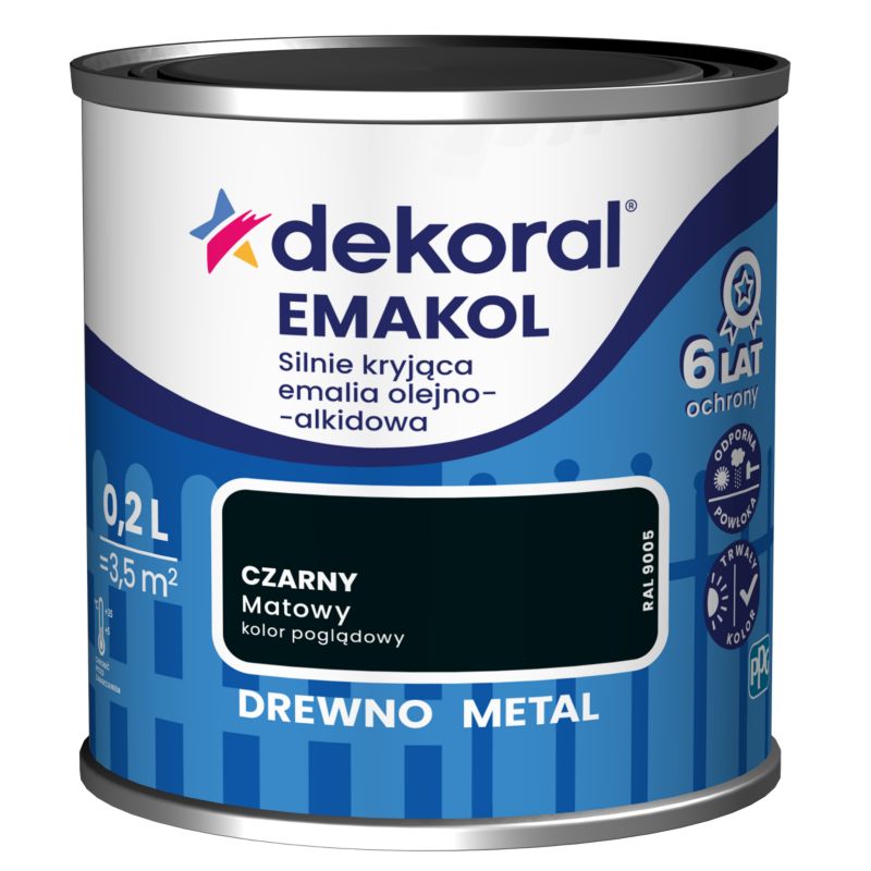 Emalia olejno-alkidowa Dekoral Emakol do drewna i metalu czarny mat 0,2 l