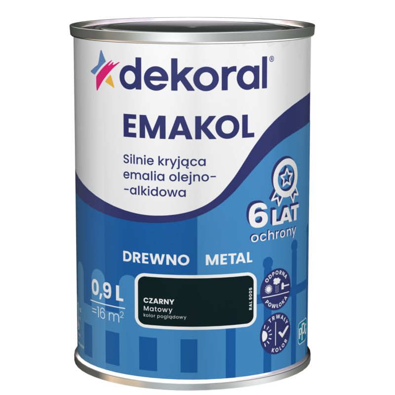 Emalia olejno-alkidowa Dekoral Emakol do drewna i metalu czarny mat 0,9 l