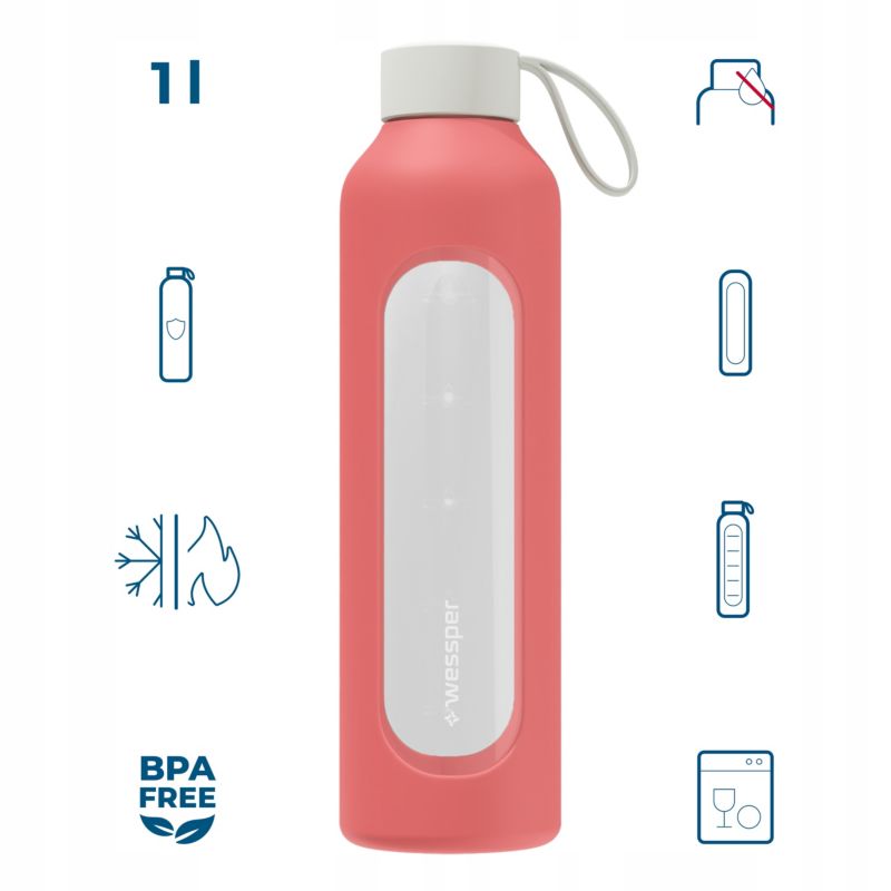 Etui silikonowe, Wessper, do butelki na wodę Wessper B1 BOROSILICATE 1L, ochronne, koralowy, 1szt