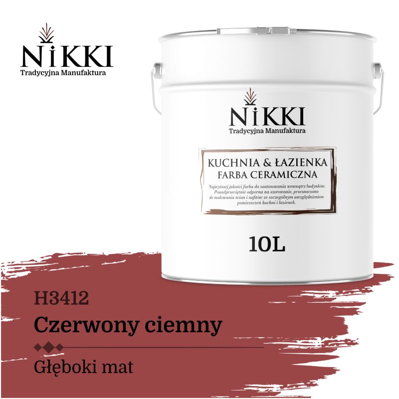 Farba Ceramiczna do Kuchni i Łazienki Zmywalna NIKKI Czerwony ciemny H3412 Głęboki Mat 2L