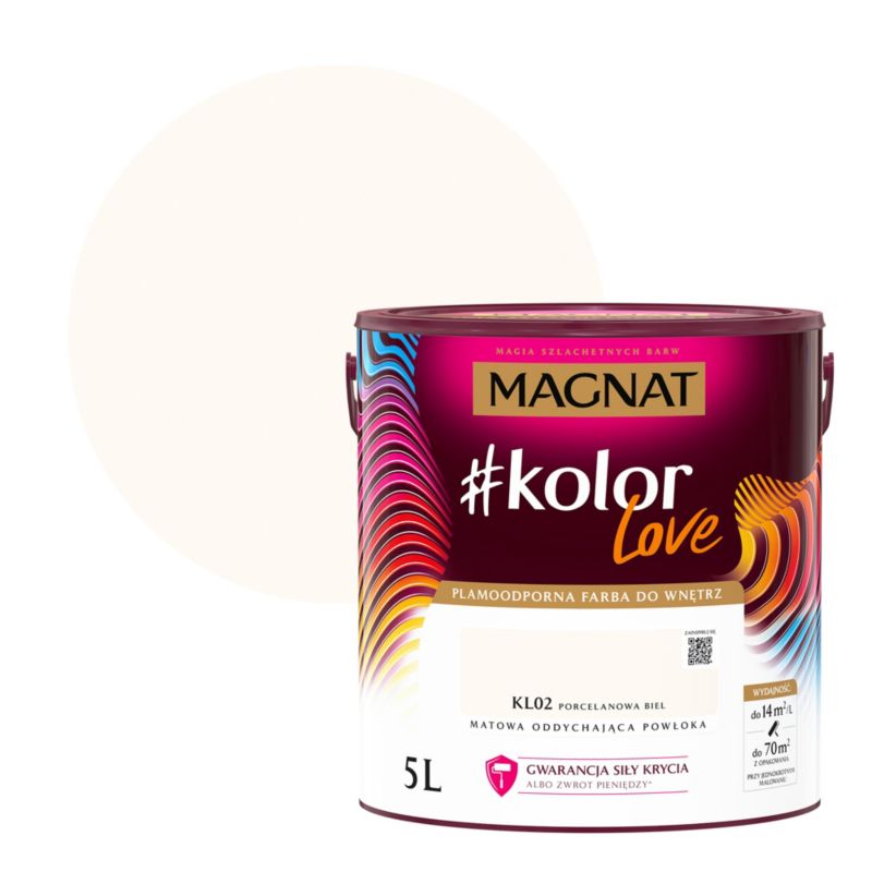 Farba kolorowa plamoodporna Magnat #kolorLove KL02 porcelanowa biel 5 l