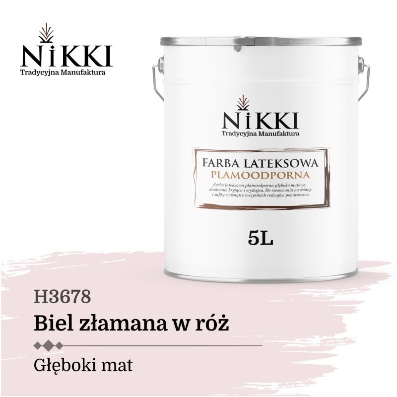 Farba Lateksowa Premium do Ścian i Sufitów Odporna na Plamy NIKKI Biel złamana w róż H3678 Głęboki Mat 5L