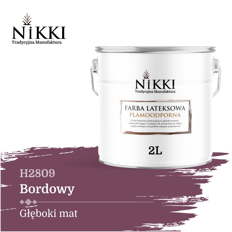 Farba Lateksowa Premium do Ścian i Sufitów Odporna na Plamy NIKKI Bordowy H2809 Głęboki Mat 2L