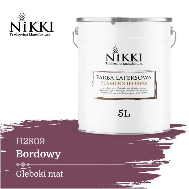 Farba Lateksowa Premium do Ścian i Sufitów Odporna na Plamy NIKKI Bordowy H2809 Głęboki Mat 5L