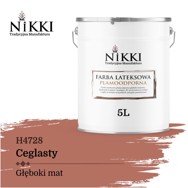 Farba Lateksowa Premium do Ścian i Sufitów Odporna na Plamy NIKKI Ceglasty H4728 Głęboki Mat 5L