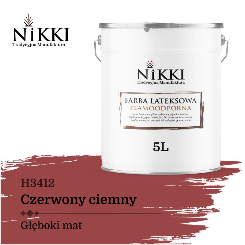 Farba Lateksowa Premium do Ścian i Sufitów Odporna na Plamy NIKKI Czerwony ciemny H3412 Głęboki Mat 5L