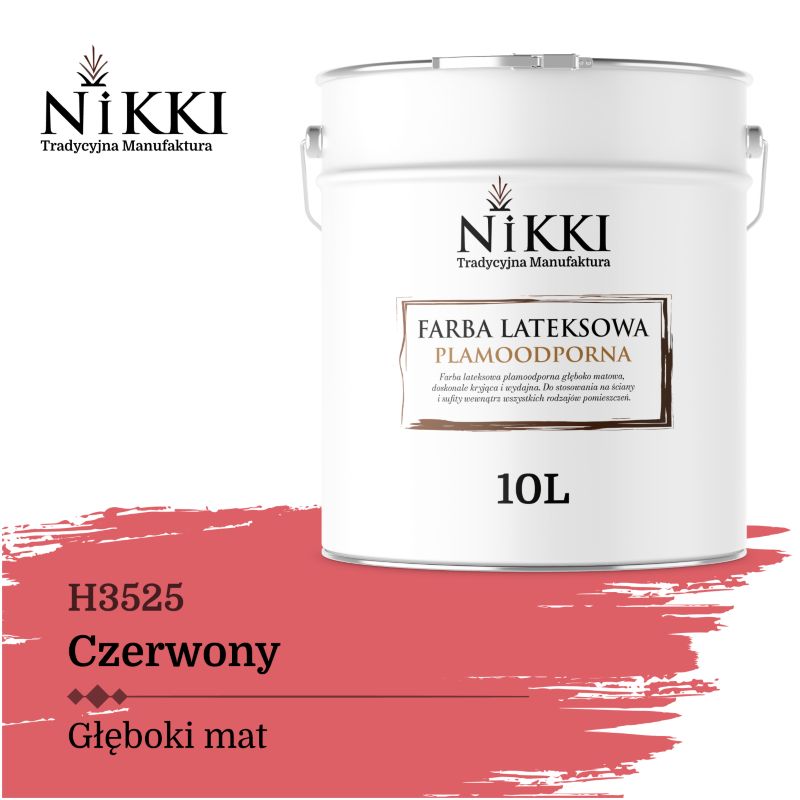 Farba Lateksowa Premium do Ścian i Sufitów Odporna na Plamy NIKKI Czerwony H3525 Głęboki Mat 10L