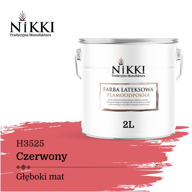 Farba Lateksowa Premium do Ścian i Sufitów Odporna na Plamy NIKKI Czerwony H3525 Głęboki Mat 2L
