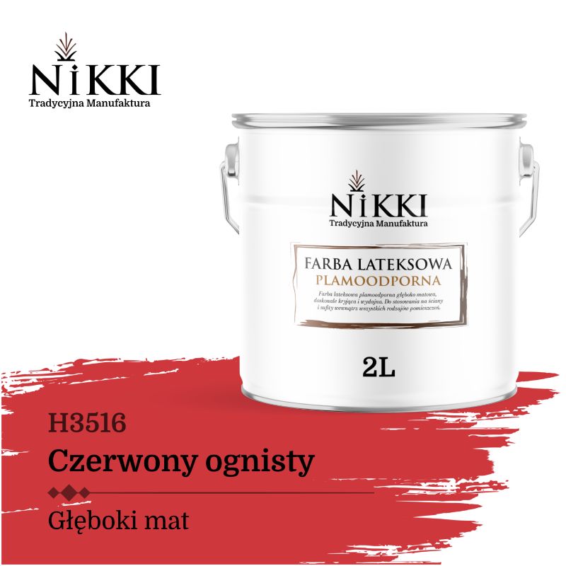 Farba Lateksowa Premium do Ścian i Sufitów Odporna na Plamy NIKKI Czerwony ognisty H3516 Głęboki Mat 2L
