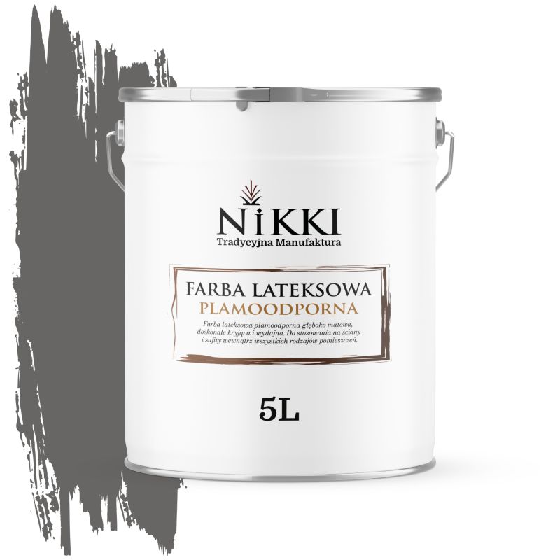 Farba Lateksowa Premium do Ścian i Sufitów Odporna na Plamy NIKKI Grafitowy H1213 Głęboki Mat 5L