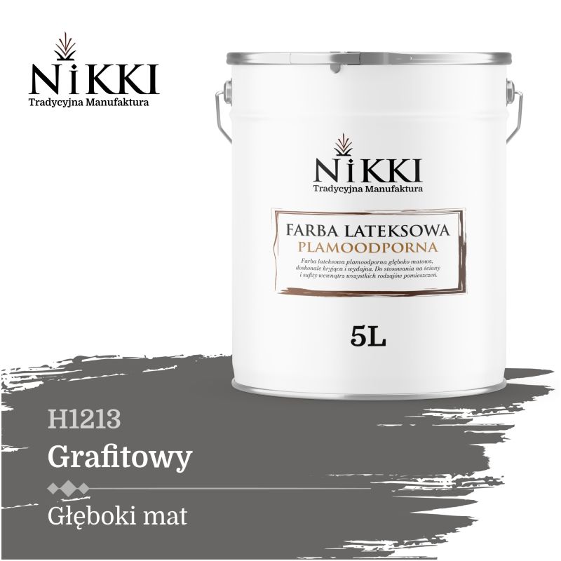 Farba Lateksowa Premium do Ścian i Sufitów Odporna na Plamy NIKKI Grafitowy H1213 Głęboki Mat 5L