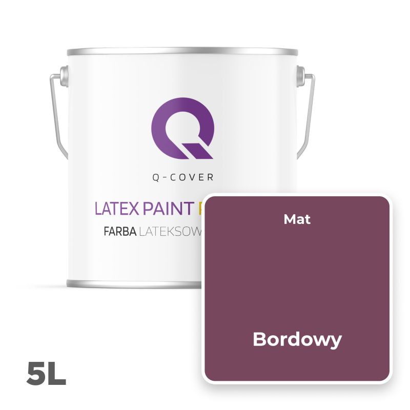 Farba Lateksowa Premium Plamoodporna do Ścian i Sufitów Q-Cover Bordowy H2809 Głęboki Mat 5L