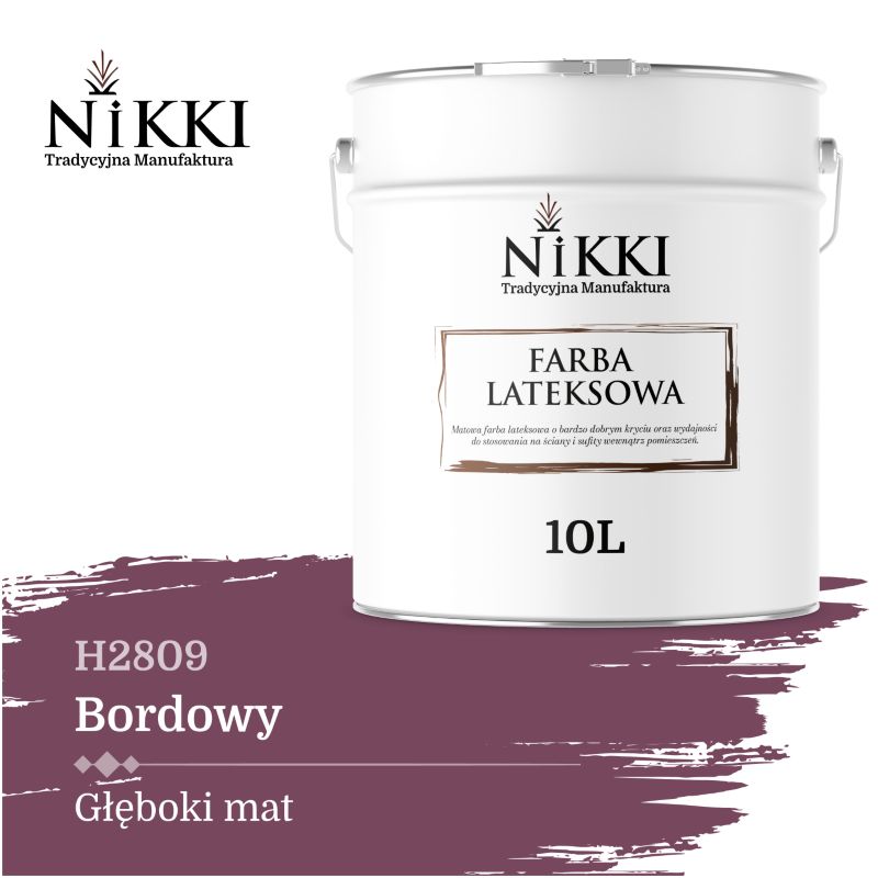Farba Lateksowa Wewnętrzna Ściany i Sufity NIKKI Bordowy H2809 Głęboki Mat 10L