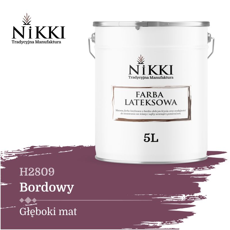 Farba Lateksowa Wewnętrzna Ściany i Sufity NIKKI Bordowy H2809 Głęboki Mat 5L