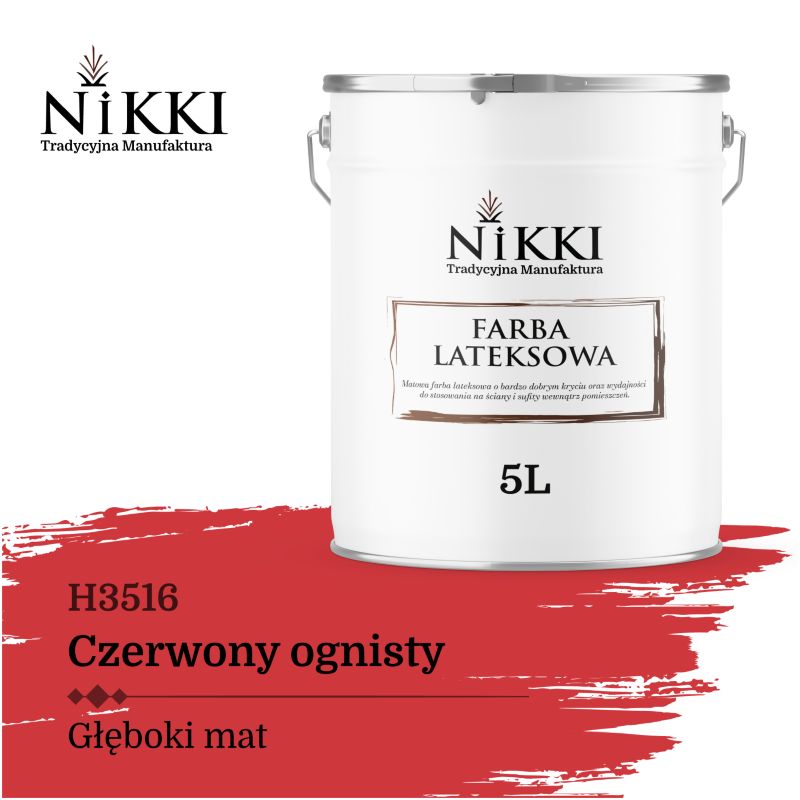 Farba Lateksowa Wewnętrzna Ściany i Sufity NIKKI Czerwony ognisty H3516 Głęboki Mat 5L