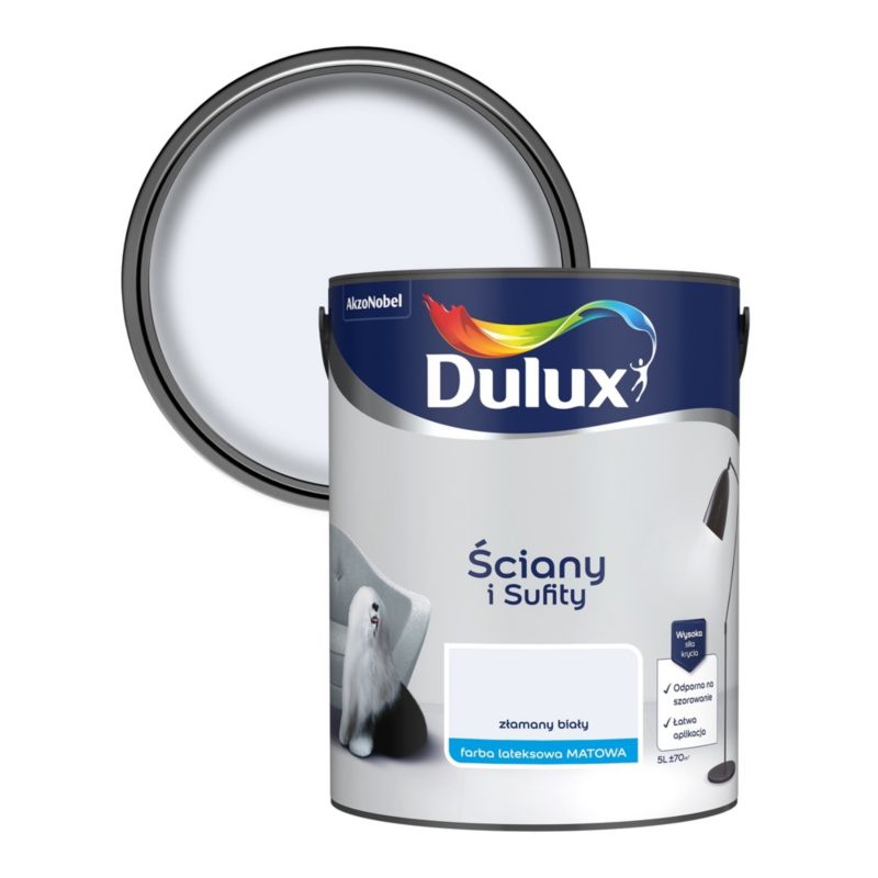 Farba plamoodporna Dulux Ściany i Sufity złamany biały 5 l