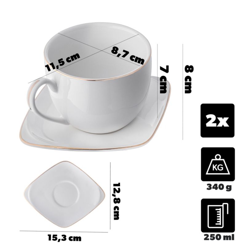 Filiżanki KADAX Ze Spodkiem Okr. 250 ml Komplet Do Kawy Porcelana Akcent Złota 2 szt