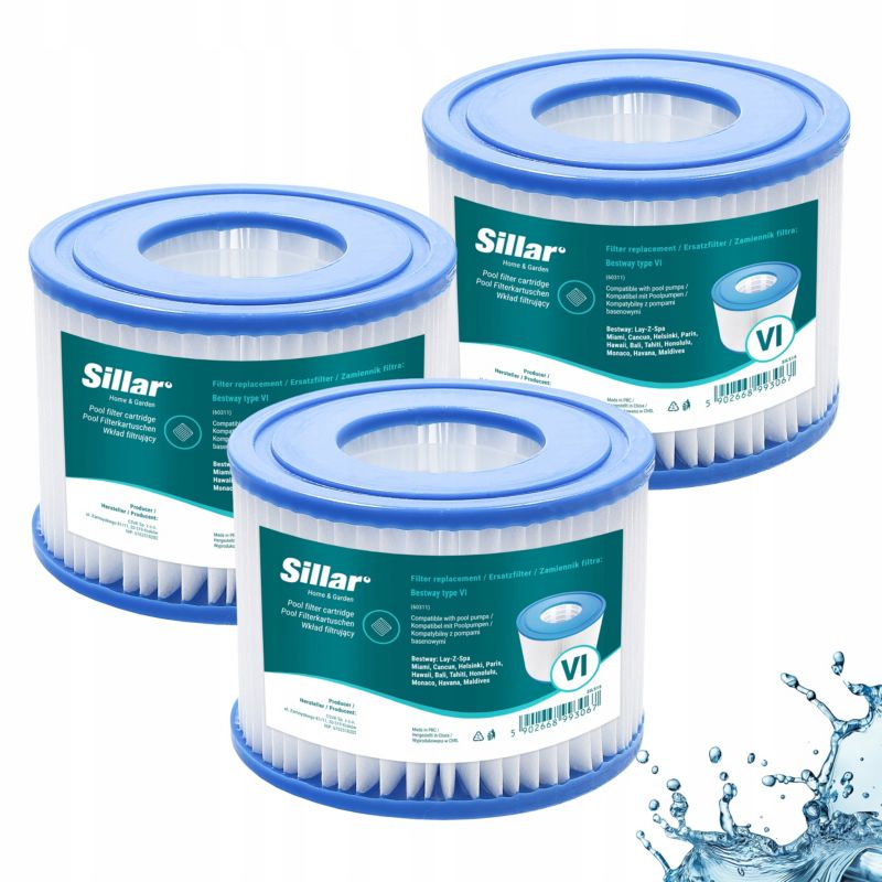 Filtr basenowy, Sillar, do pomp basenowych, spa, jacuzzi, zamiennik Bestway Lay-Z-Spa 60311, 3szt