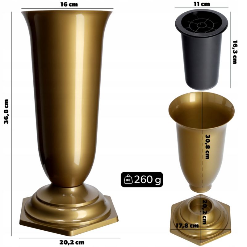Flakon Cmentarny KADAX Wazon Kwiaty Nagrobny cmentarz Wkład Podstawka Złoty 37cm 1 szt.