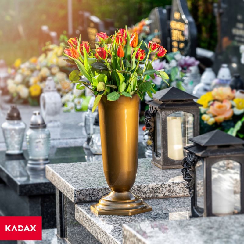 Flakon Cmentarny KADAX Wazon Kwiaty Nagrobny cmentarz Wkład Podstawka Złoty 37cm 1 szt.