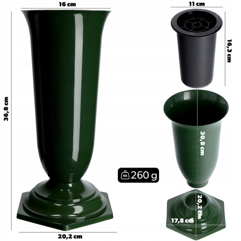 Flakon Cmentarny KADAX Wazon Kwiaty Nagrobny cmentarz Wkład Podstawka Zielony 37cm 1 szt.