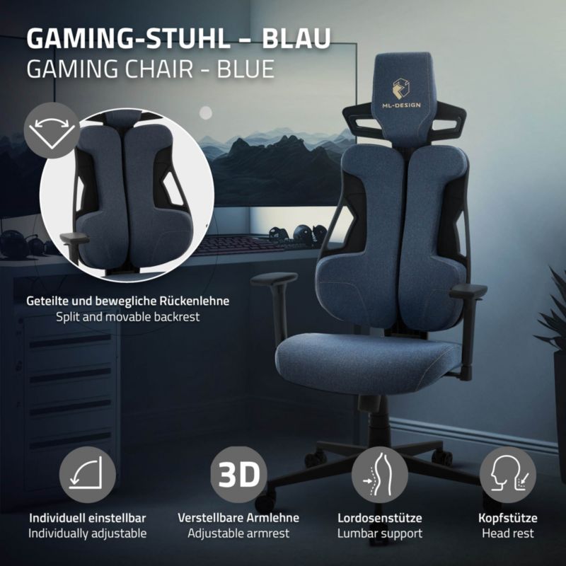 Fotel dla graczy ML Design ergonomiczny tkanina niebieskie krzesło komputerowe podłokietniki 3d zagłówek obrotowe salon 1 szt.