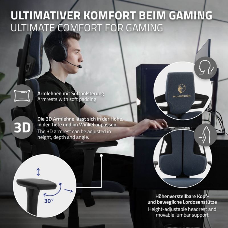 Fotel dla graczy ML Design ergonomiczny tkanina niebieskie krzesło komputerowe podłokietniki 3d zagłówek obrotowe salon 1 szt.
