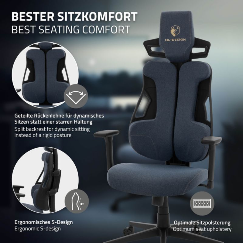 Fotel dla graczy ML Design ergonomiczny tkanina niebieskie krzesło komputerowe podłokietniki 3d zagłówek obrotowe salon 1 szt.