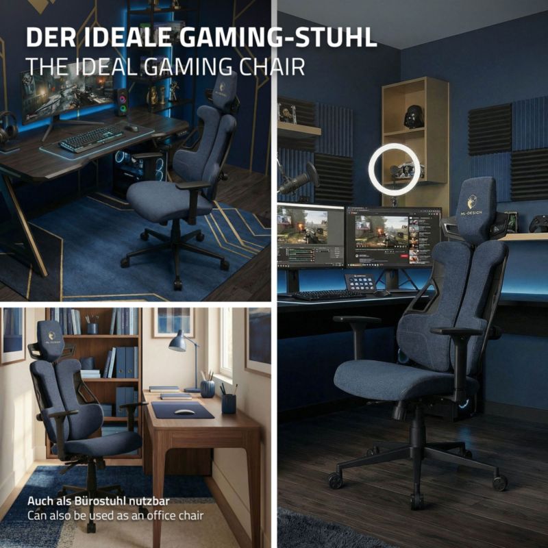 Fotel dla graczy ML Design ergonomiczny tkanina niebieskie krzesło komputerowe podłokietniki 3d zagłówek obrotowe salon 1 szt.