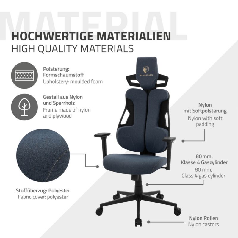 Fotel dla graczy ML Design ergonomiczny tkanina niebieskie krzesło komputerowe podłokietniki 3d zagłówek obrotowe salon 1 szt.