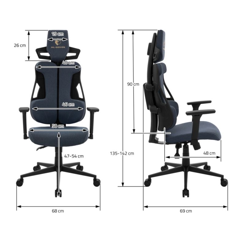 Fotel dla graczy ML Design ergonomiczny tkanina niebieskie krzesło komputerowe podłokietniki 3d zagłówek obrotowe salon 1 szt.