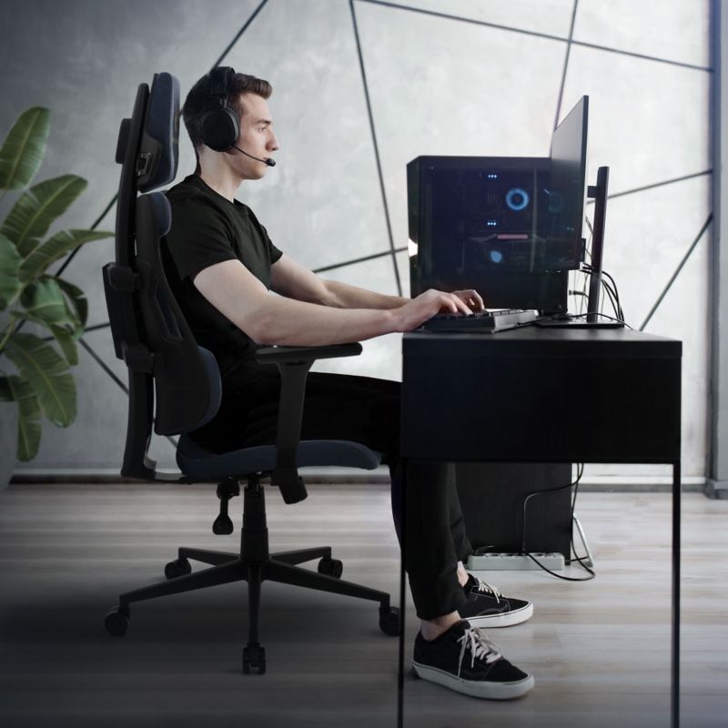 Fotel dla graczy ML Design ergonomiczny tkanina niebieskie krzesło komputerowe podłokietniki 3d zagłówek obrotowe salon 1 szt.
