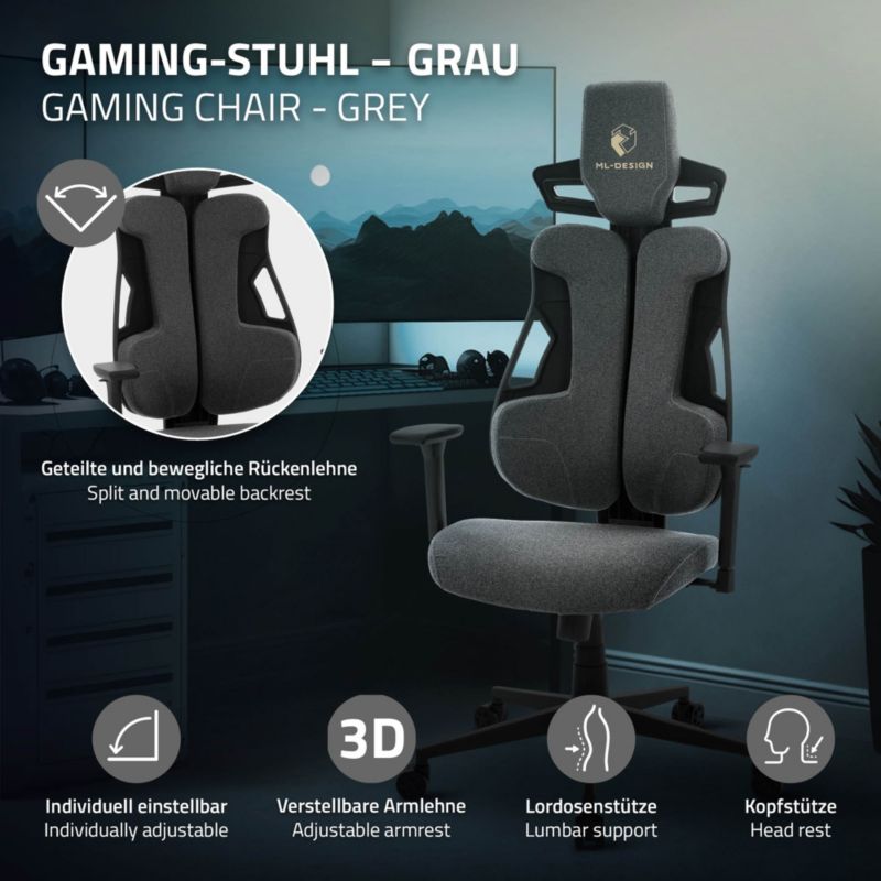 Fotel dla graczy ML Design ergonomiczny tkanina szary krzesło komputerowe podłokietniki 3d zagłówek obrotowe salon 1 szt.