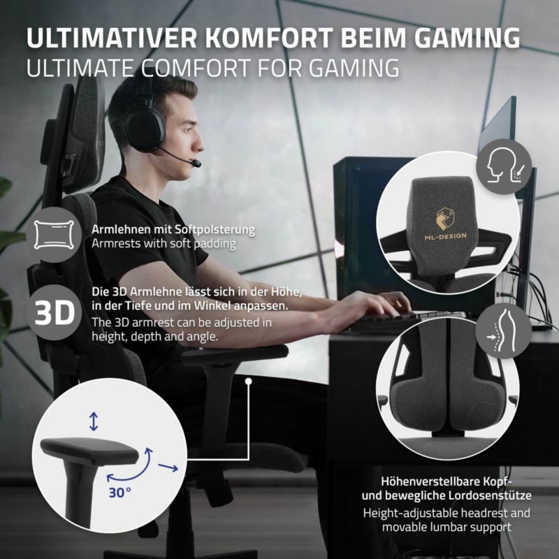 Fotel dla graczy ML Design ergonomiczny tkanina szary krzesło komputerowe podłokietniki 3d zagłówek obrotowe salon 1 szt.