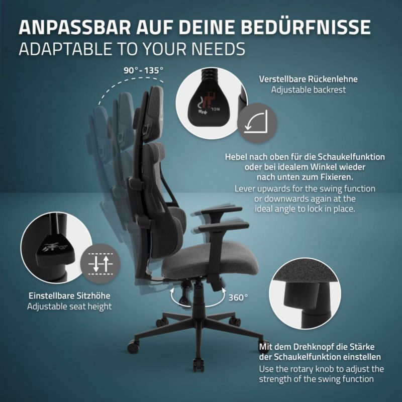 Fotel dla graczy ML Design ergonomiczny tkanina szary krzesło komputerowe podłokietniki 3d zagłówek obrotowe salon 1 szt.