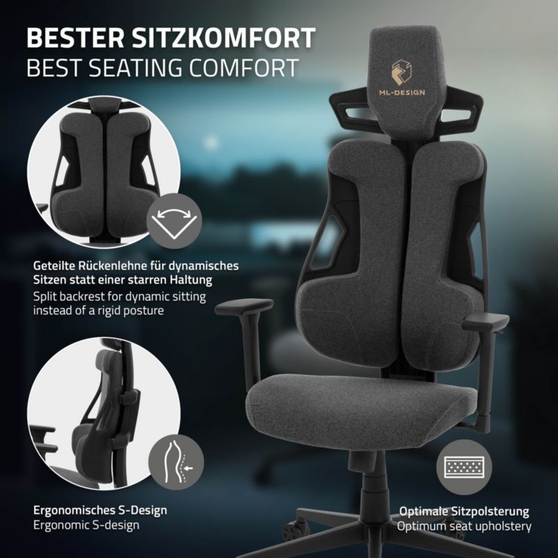 Fotel dla graczy ML Design ergonomiczny tkanina szary krzesło komputerowe podłokietniki 3d zagłówek obrotowe salon 1 szt.