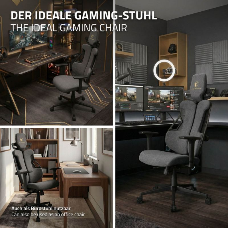 Fotel dla graczy ML Design ergonomiczny tkanina szary krzesło komputerowe podłokietniki 3d zagłówek obrotowe salon 1 szt.