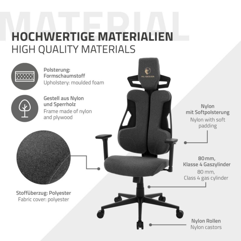 Fotel dla graczy ML Design ergonomiczny tkanina szary krzesło komputerowe podłokietniki 3d zagłówek obrotowe salon 1 szt.