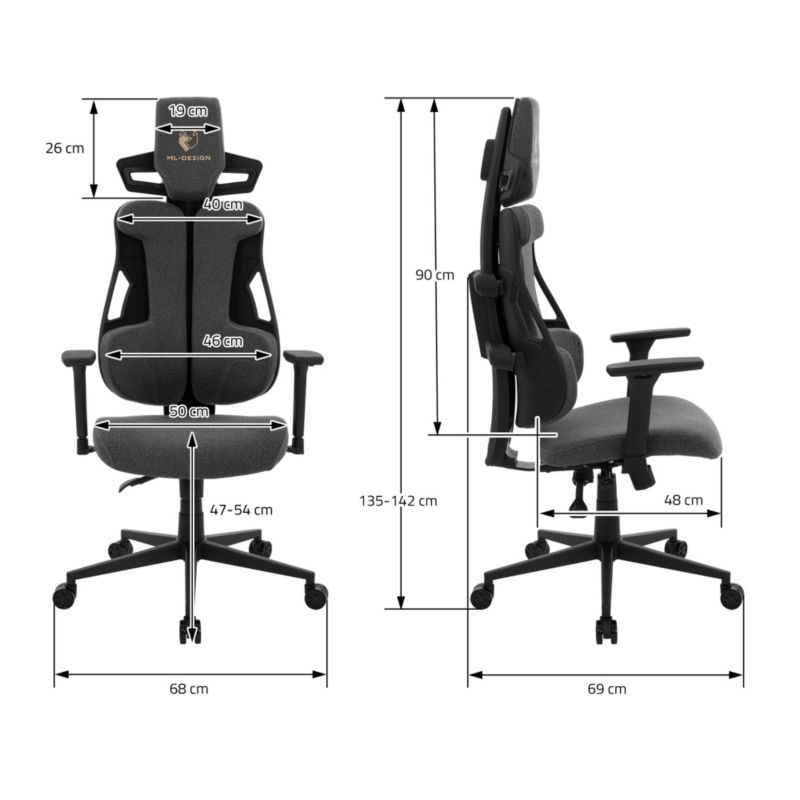 Fotel dla graczy ML Design ergonomiczny tkanina szary krzesło komputerowe podłokietniki 3d zagłówek obrotowe salon 1 szt.